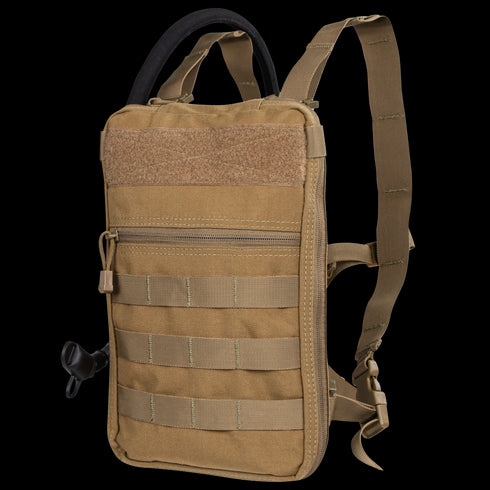 The Condor Tidepool Hydration Carrier is a tan tactical pack with MOLLE webbing, front zipper pocket, shoulder straps, and a black handle—ideal for military use or as a durable EDC option for first responders and outdoor enthusiasts.